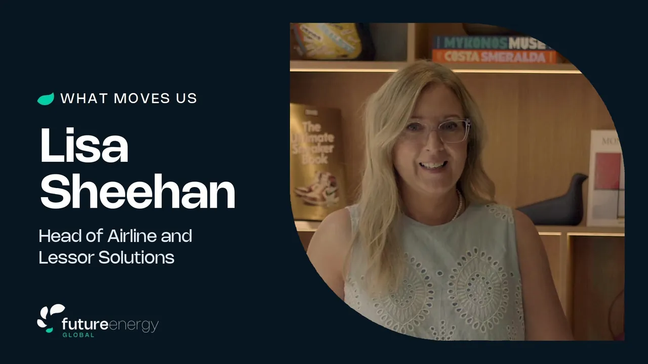 Lisa Sheehan smiling in front of a bookshelf, beside the film title: What Moves Us, Lisa Sheehan, Head of Airline and Lessor Solutions
