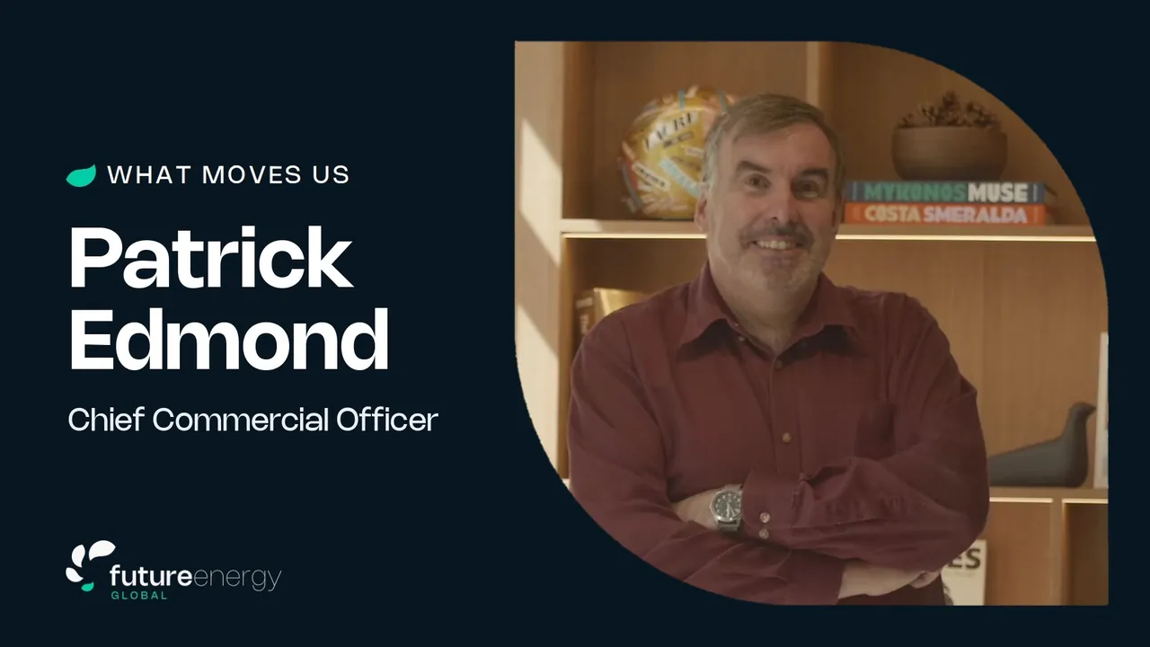 Patrick Edmond smiling with his arms folded in front of a bookshelf, beside the film title: What Moves Us, Patrick Edmond, Chief Commercial Officer