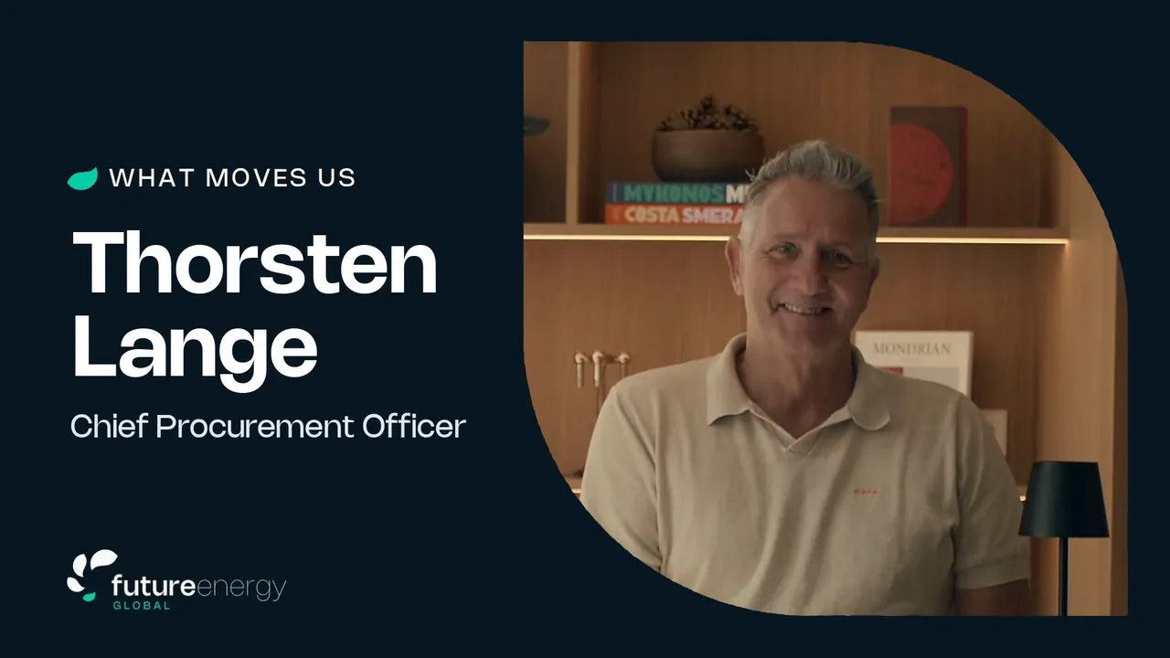 Thorsten Lange smiling in front of a bookshelf, beside the film title: What Moves Us, Thorsten Lange, Chief Procurement Officer