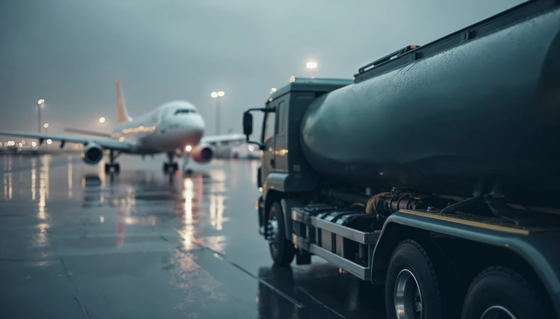 A fuel tanker on a wet apron at dusk, an aircraft waiting beyond it