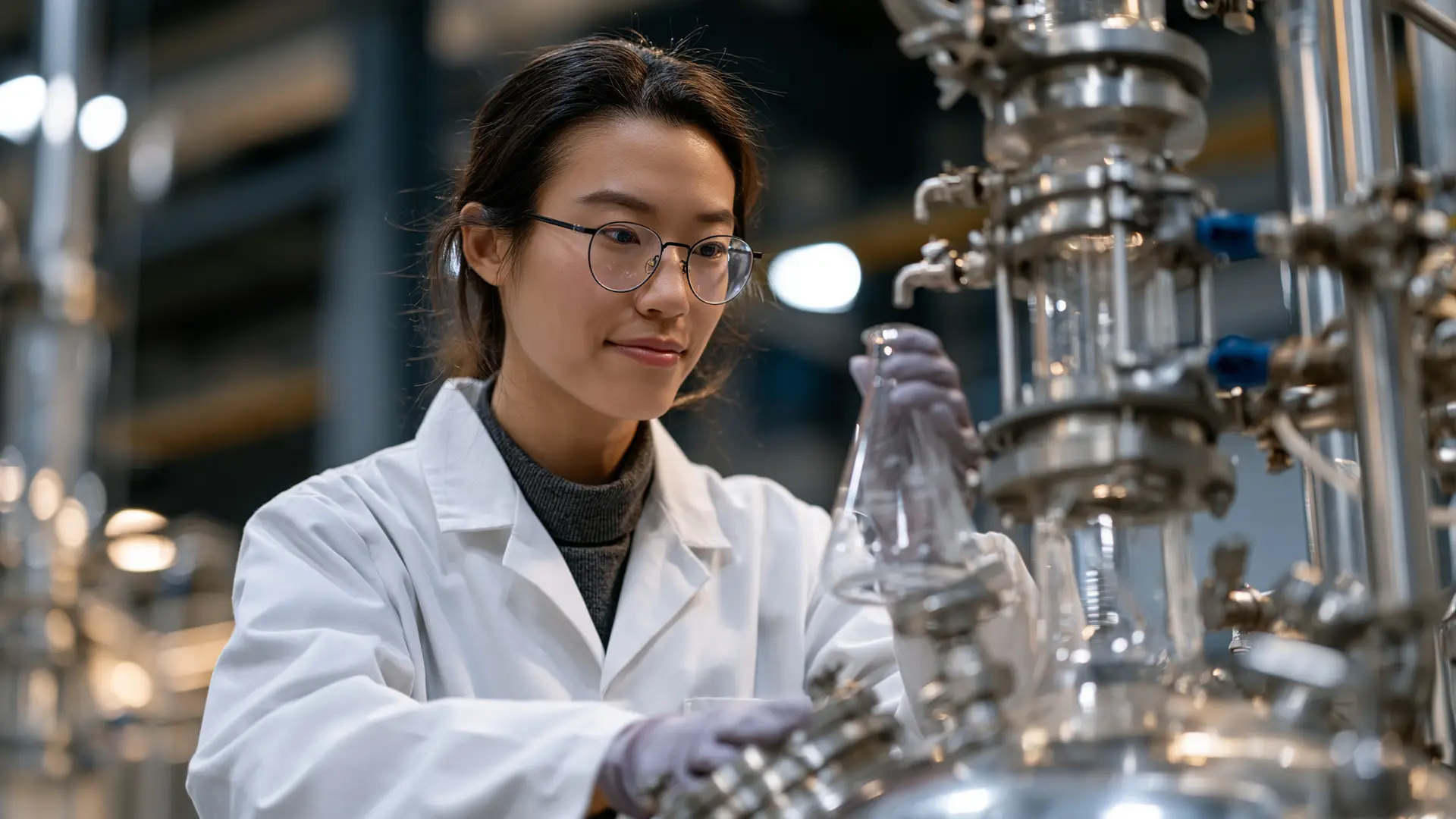 A technician with a sample flask at a process plant